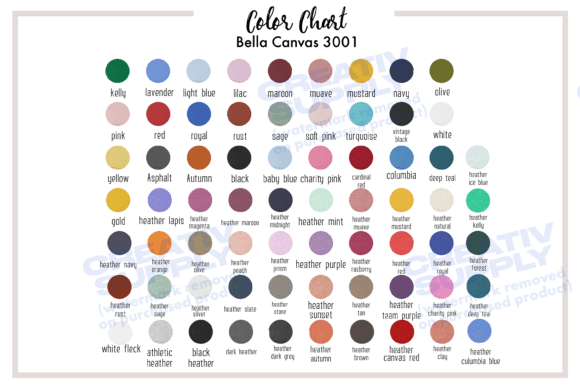 Bella Canvas 3001 Color Chart Graphics for T-Shirts