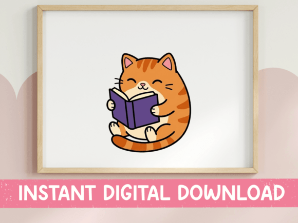 Cat Reading Book Kawaii Graphics for T-Shirt Designs